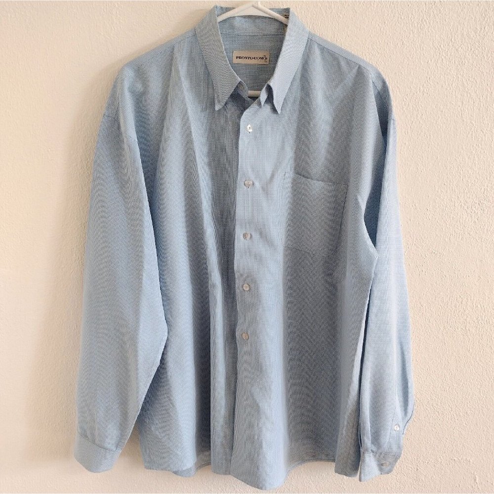 Pronto Uomo Mens L Buttton Down Dress Shirt Long Sleeve No Iron Blue White Check